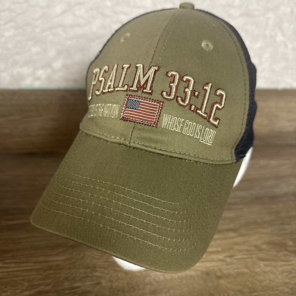Christian Trucker Hat Psalm 33:12 Patriotic USA Flag Mesh Snapback Cap Religious